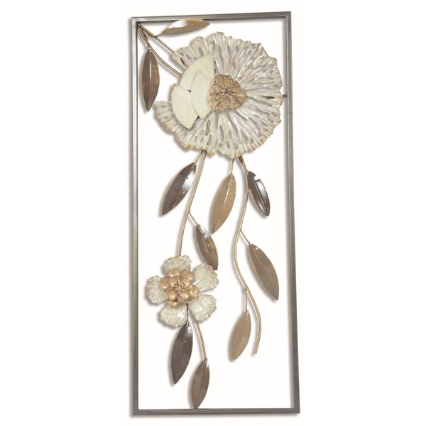August Grove® Cream And Gold Flowers In Metal Frame Wall Decor Wayfair
